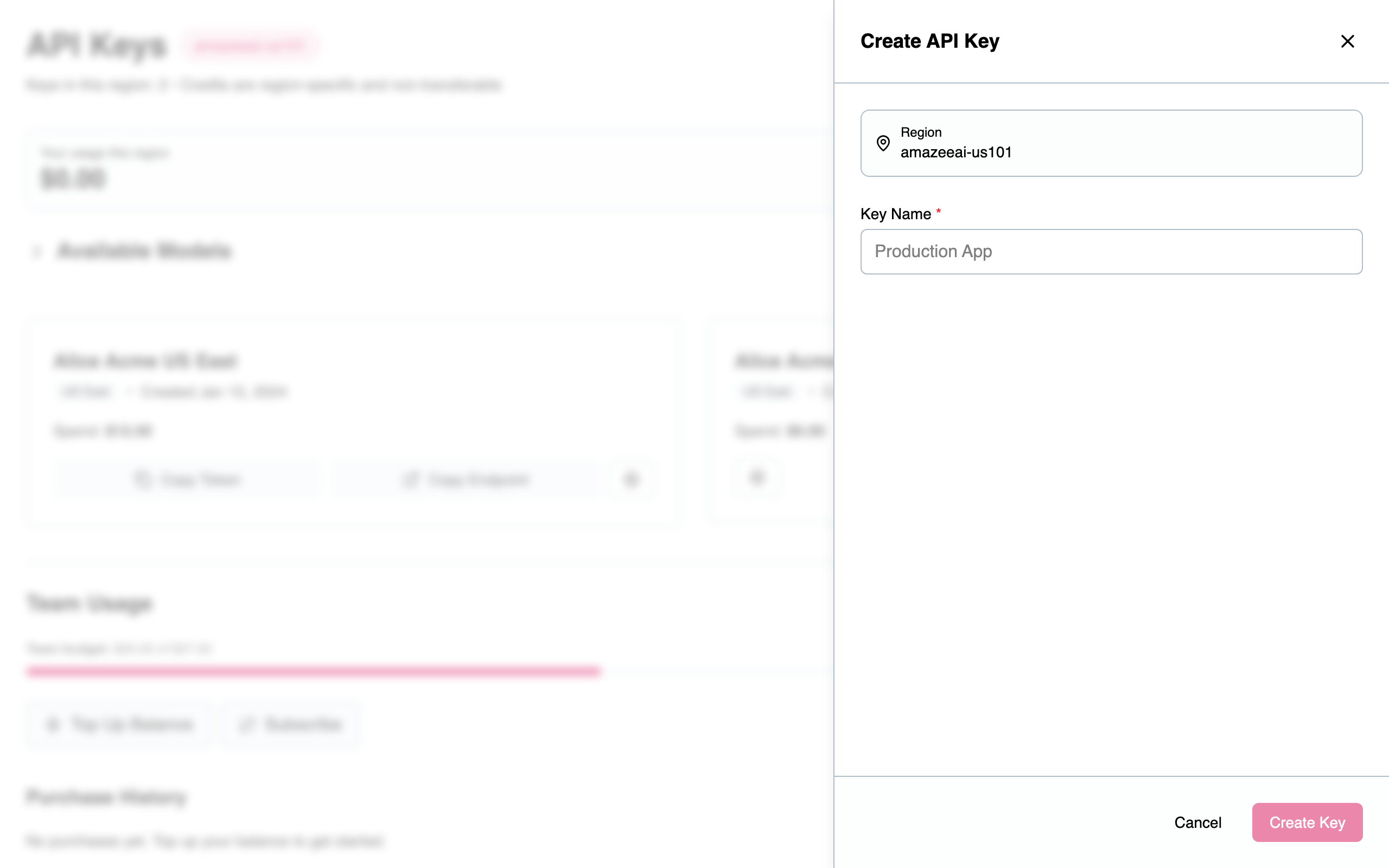 Create API Key dialog — confirm the region and name your key